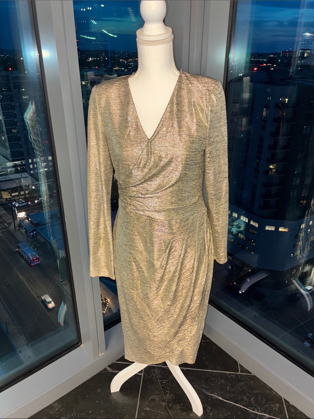 Adrianna Papell Gold Metallic Long-Sleeve Wrap Dress
